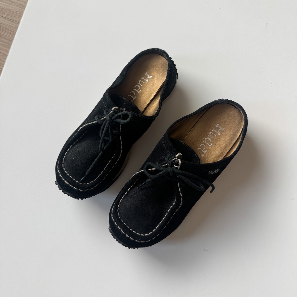 Mudd Vintage Black Suede Mules Moc Toe Lace Up Platform Shoes Womens 7.5 Y2K - Picture 11 of 11